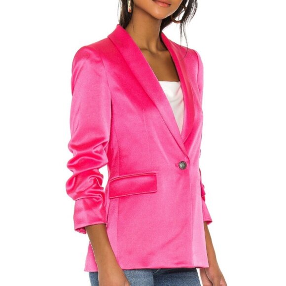 Alice + Olivia 'Sebastian' Ruched-Sleeve Satin Blazer Jacket, Wild Pink - Picture 3 of 4